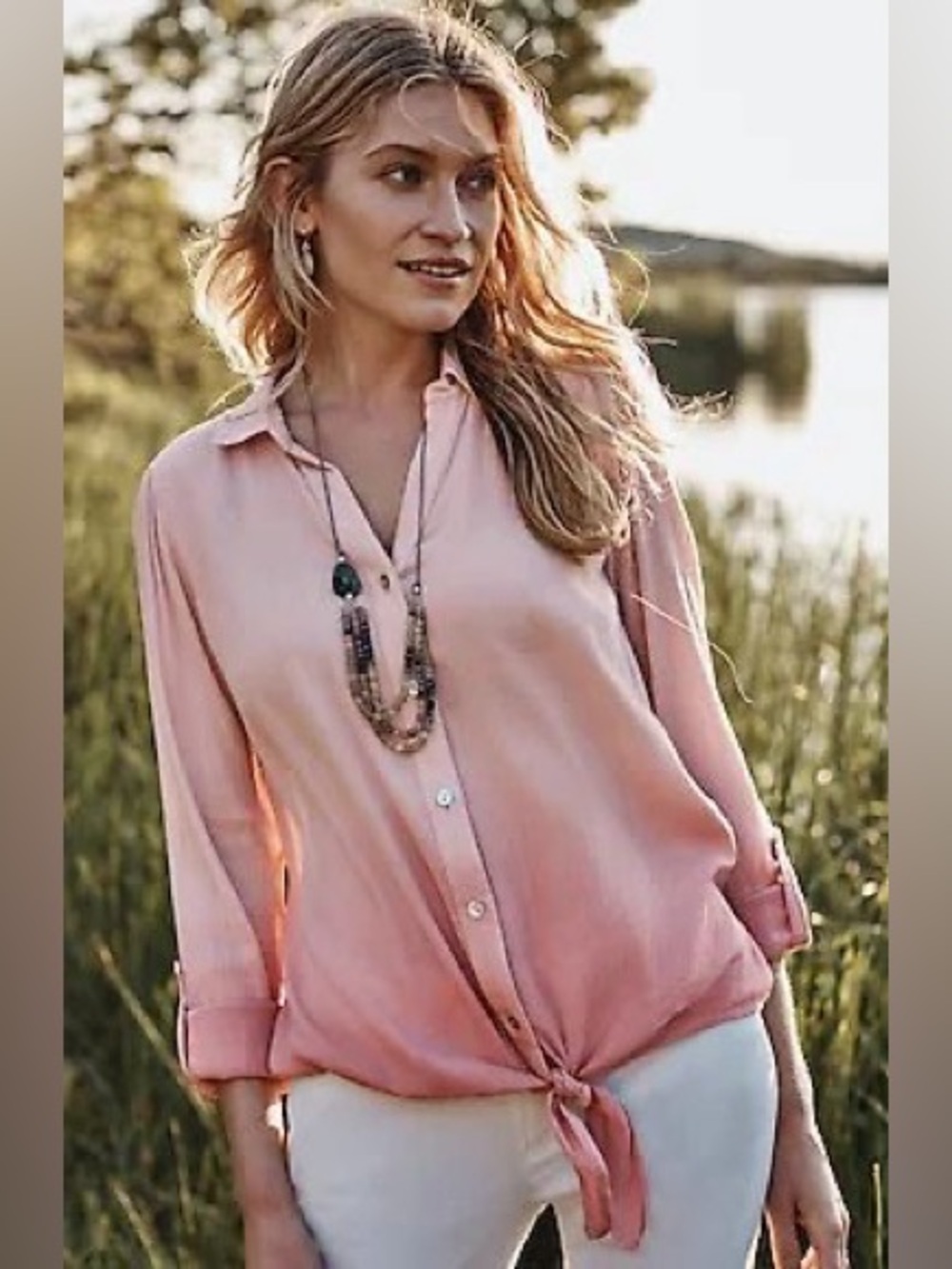 J Jill Button Up Shirt XL Dusty Rose Ombre Dip Dye Tie Boho Chic Coastal